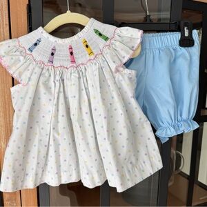 Smocked crayons dress set school polka dots colorful baby girl pastel ruffle top